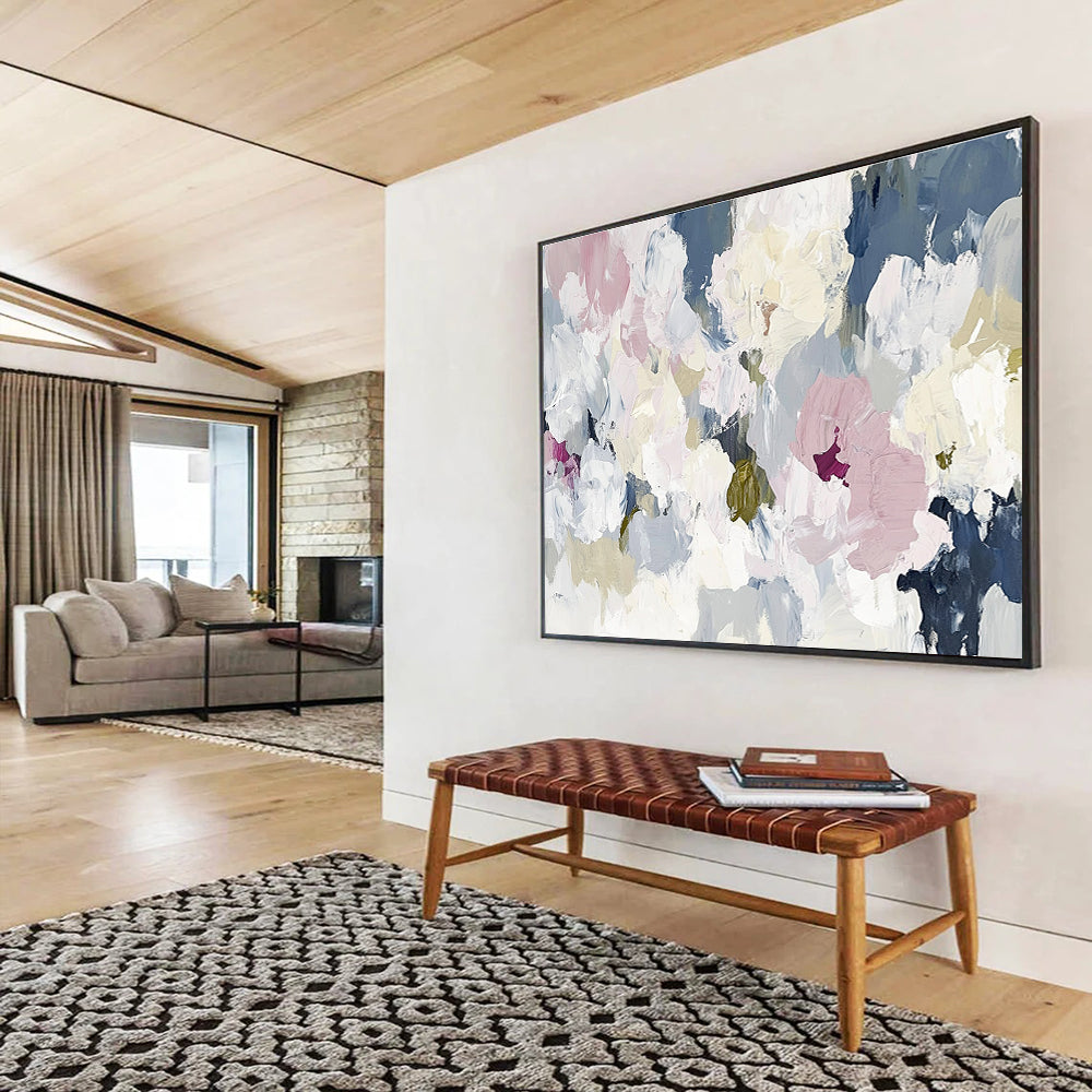 Large abstract floral painting in soft whites pinks and greens creating an elegant contemporary composition inspired by nature's beauty.SC049