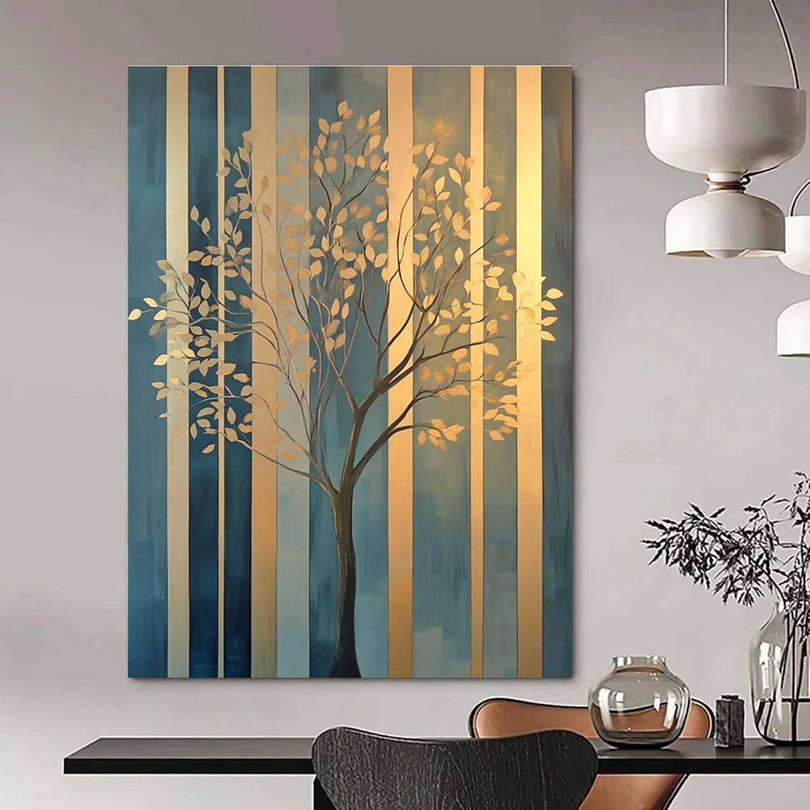 Large abstract painting featuring elegant gold tree branches against geometric blue green patterns with soft edges and a warm glow on canvas.STSC1117