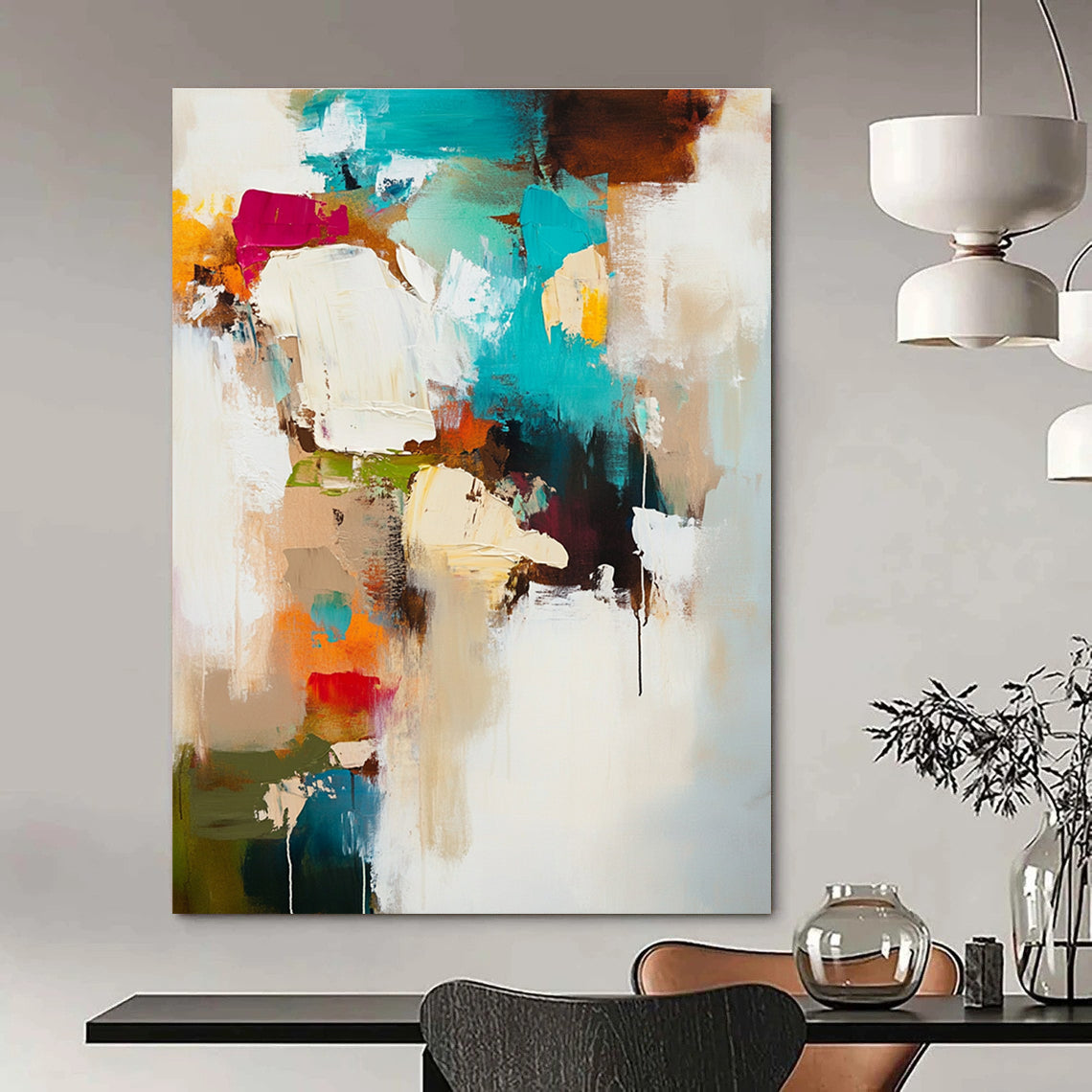 Large abstract painting in soft white and beige tones accented with teal brown and warm colors creating a moody dreamy atmosphere.STSC812