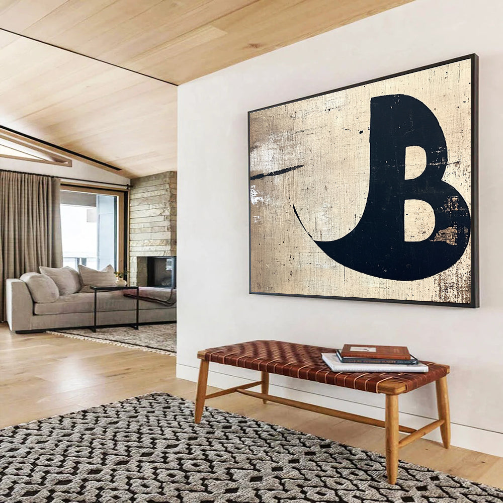 A large abstract painting on wood featuring a minimalist black letter B against a beige and white textured background for elegant creative uses.SC438