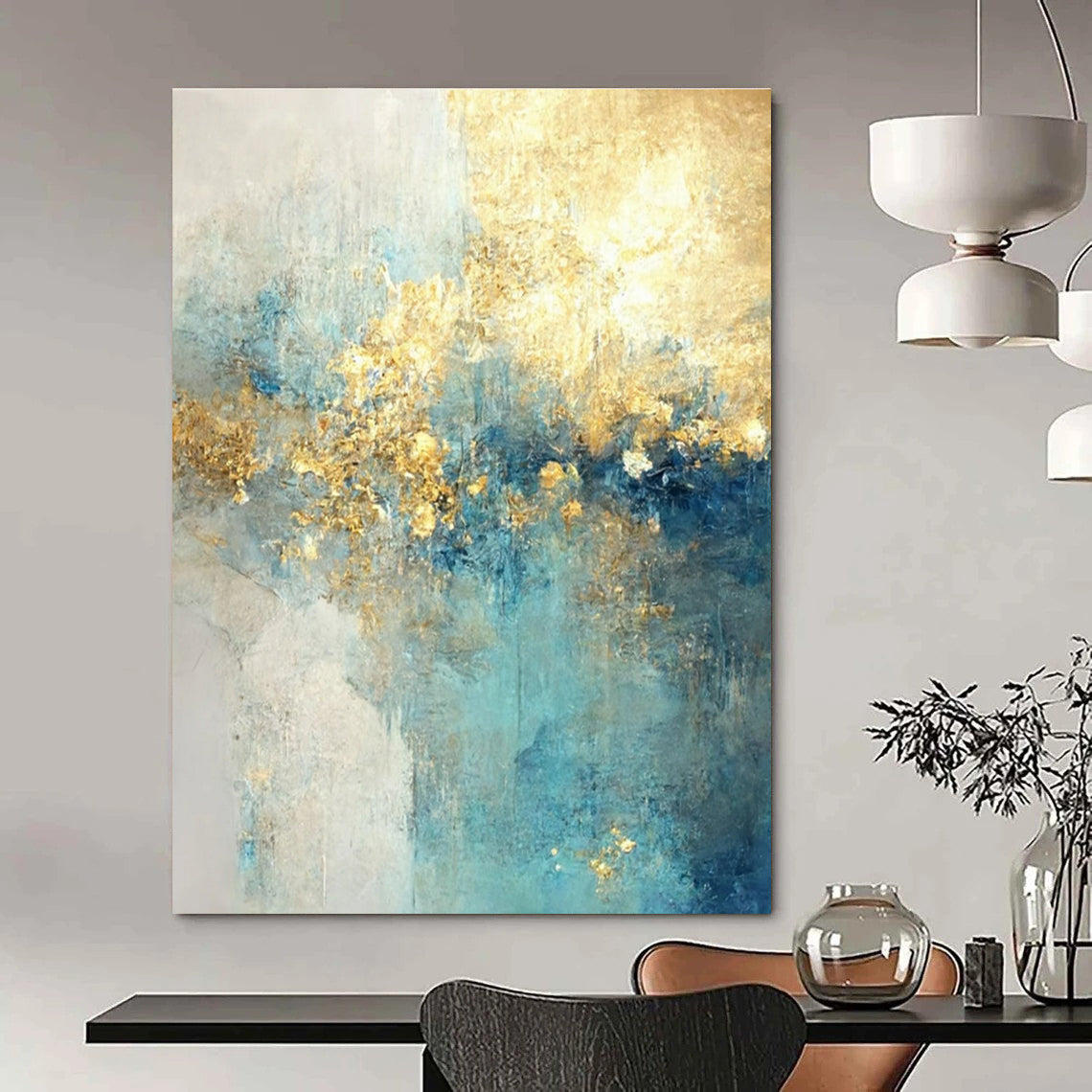 Light Blue and Gold Abstract Painting with Ethereal Textures ADGE077