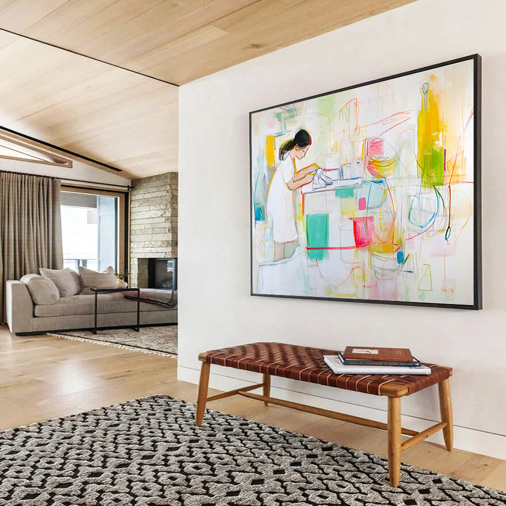 Figurative Kitchen Scene Abstract Painting with Colorful Elements DYP325