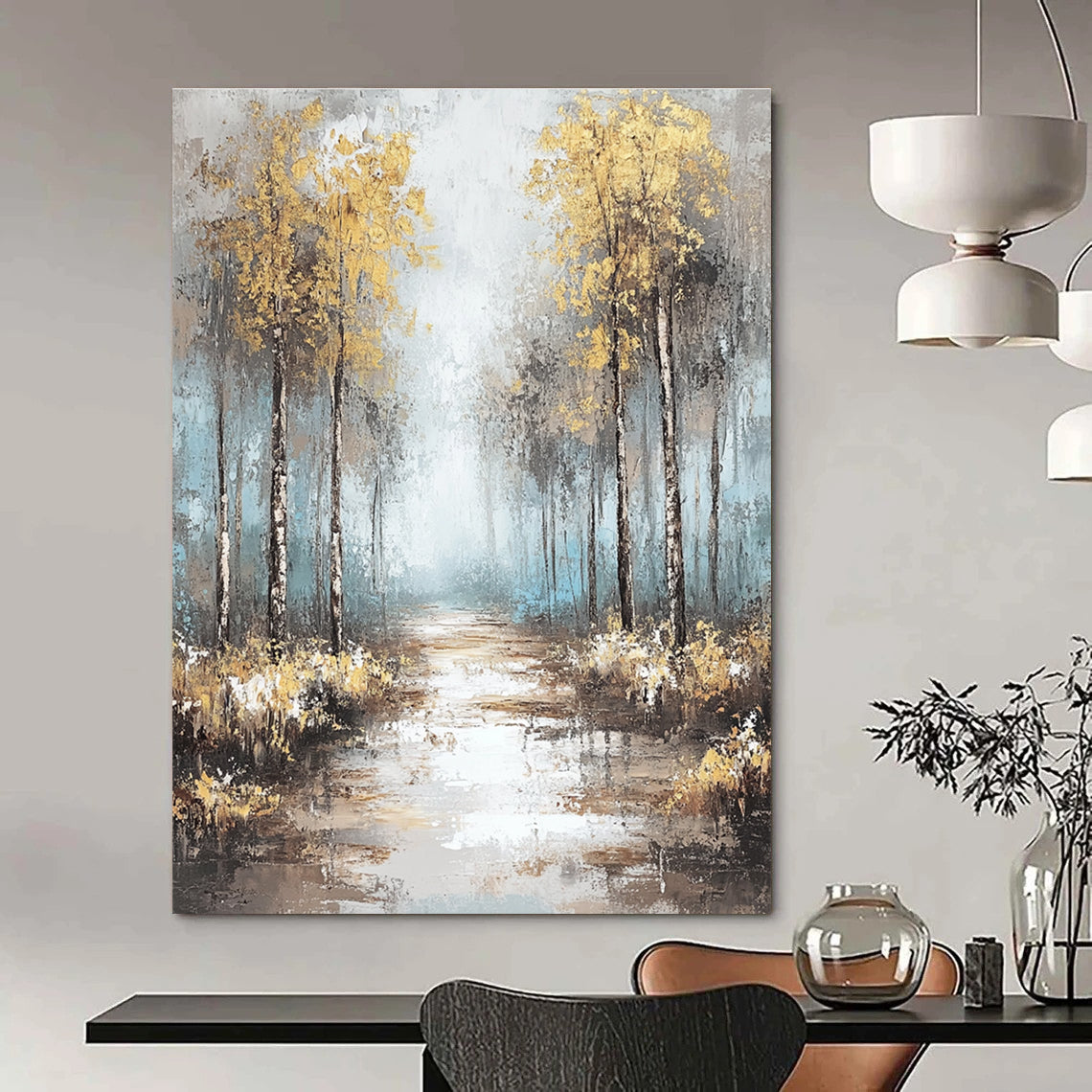 Large abstract painting featuring soft blues and grays with gold leaf accents creating a tranquil misty forest landscape.STSC060