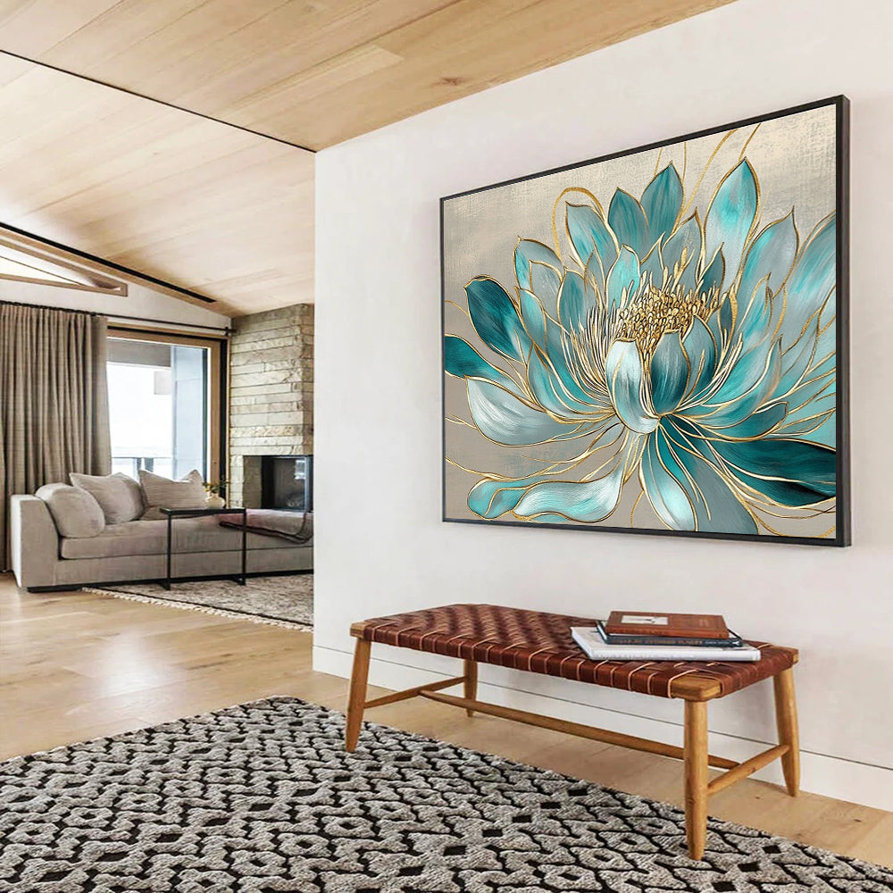 Blue Gold Lotus - Ornate Floral Abstract Painting DYP015