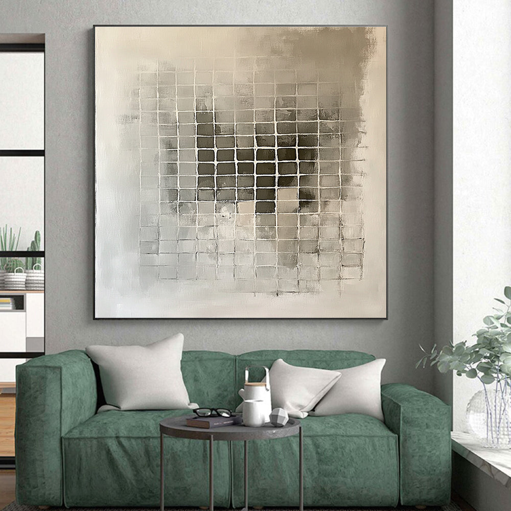 Gray - Toned Grid Abstract Painting with Subtle Variations GER227