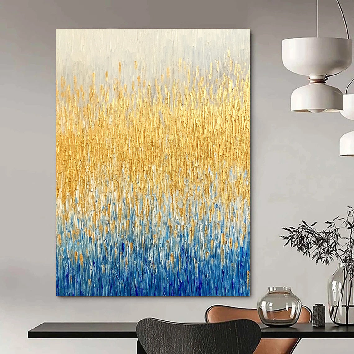 Large abstract painting of a textured wheat field in gold and blue hues showcasing fine art style and neutral tones.STSC291