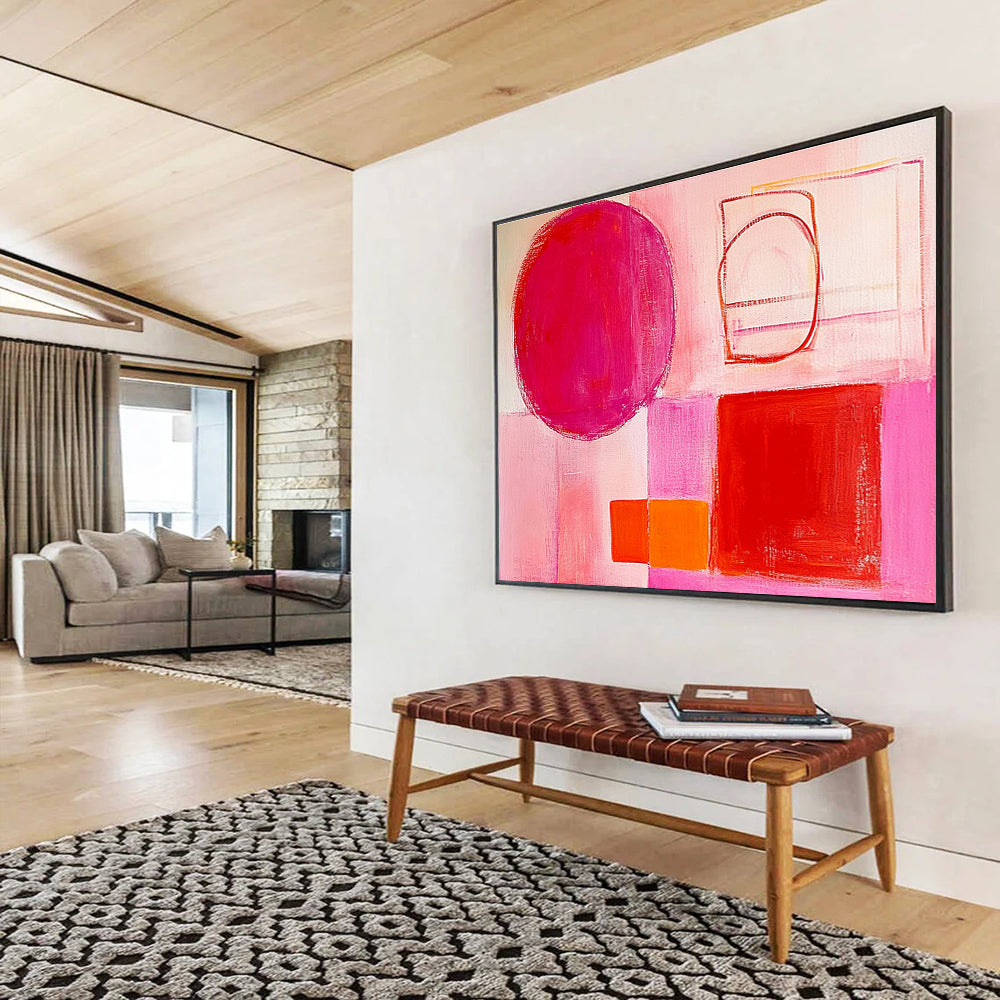 Pink - Toned Abstract Painting with Red and Orange Shapes DYP131