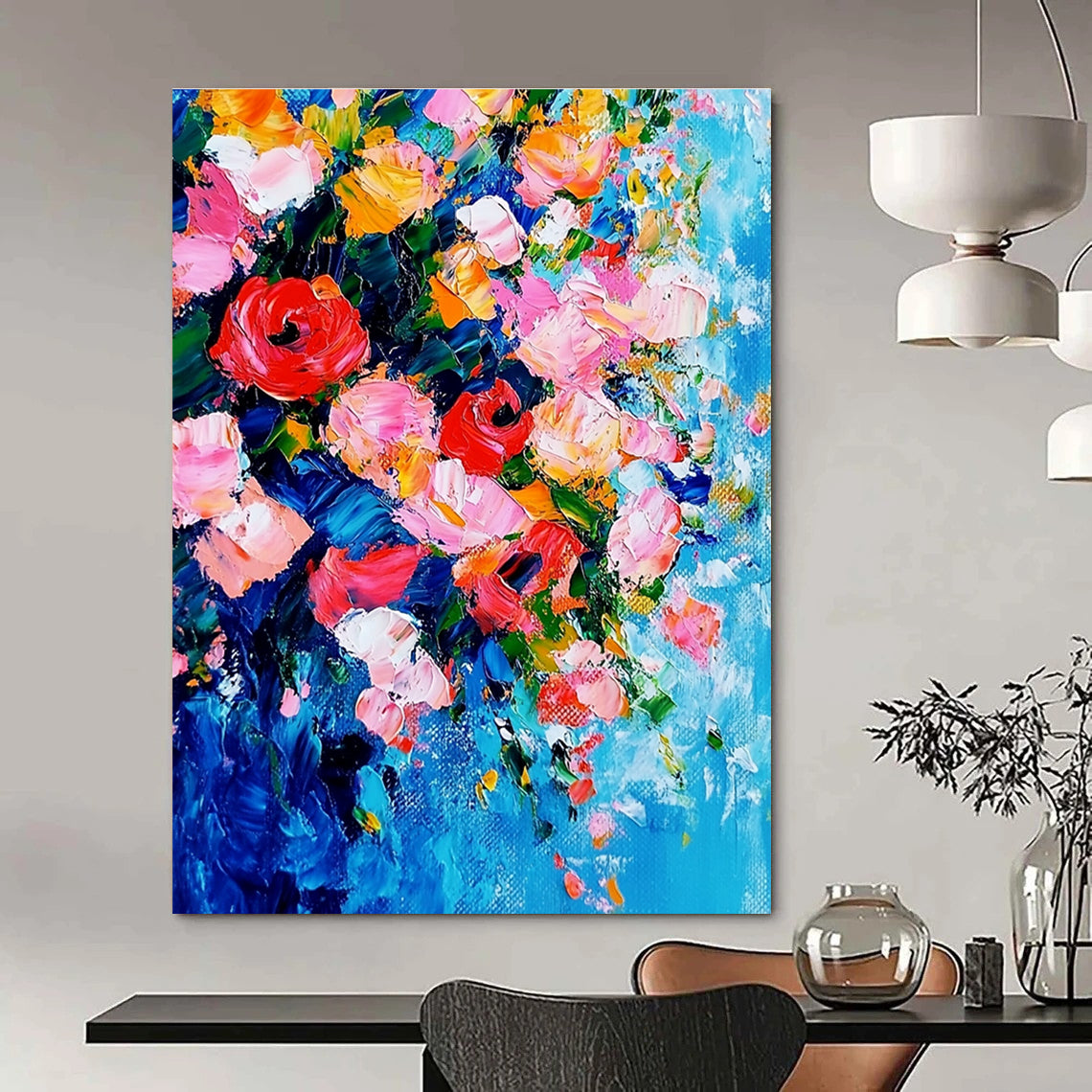 Large abstract painting featuring vibrant flowers in pink and red against a delicate blue and pink background showcasing intricate details and dynamic composition.STSC1026