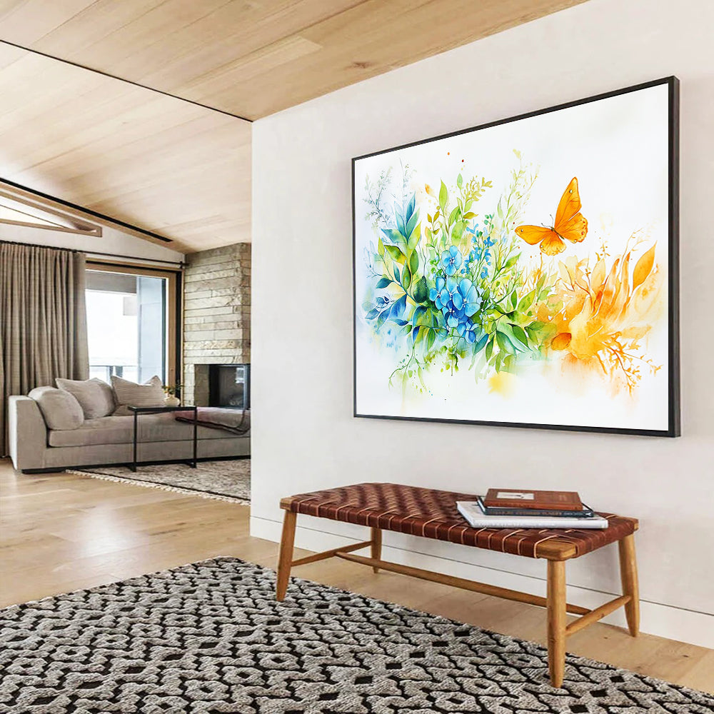 A large abstract painting features green leaves blue flowers and an orange butterfly with golden hands holding the bouquet creating a vibrant harmonious atmosphere.SC567