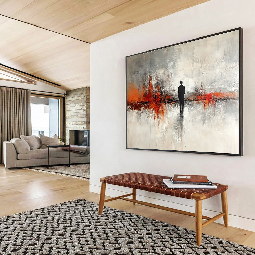 Silhouette in Abstract Landscape Painting with Gray and Orange DYP417