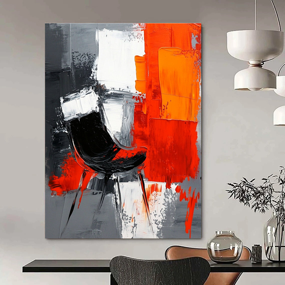 Large abstract painting with gray background featuring white and orange shapes and a contrasting black chair created with oil paint on textured paper.STSC226