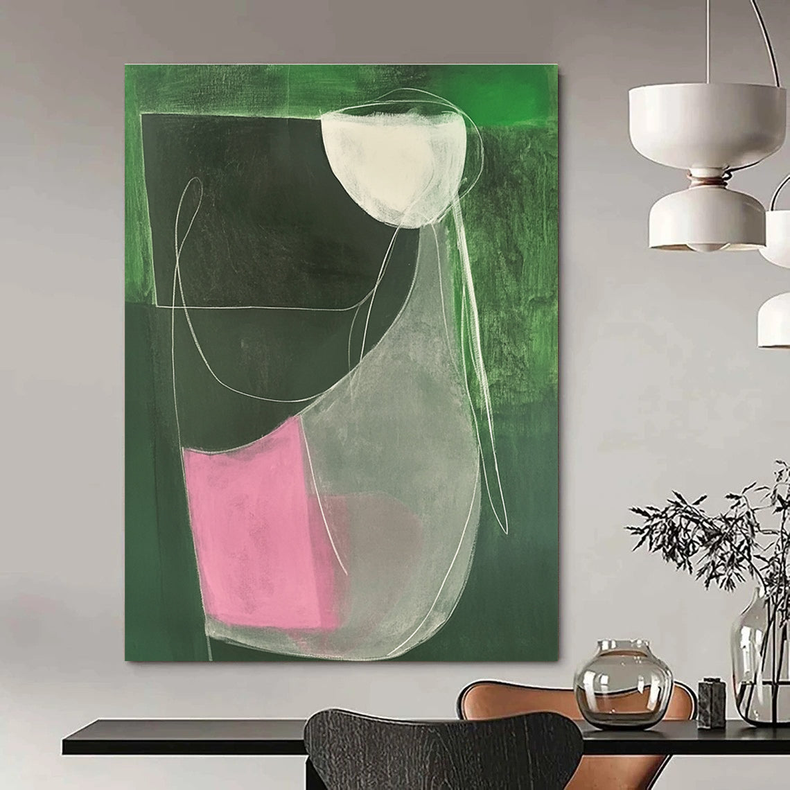 Large abstract painting featuring a female form in green and pink with minimalist white lines on dark grey canvas.STSC1297