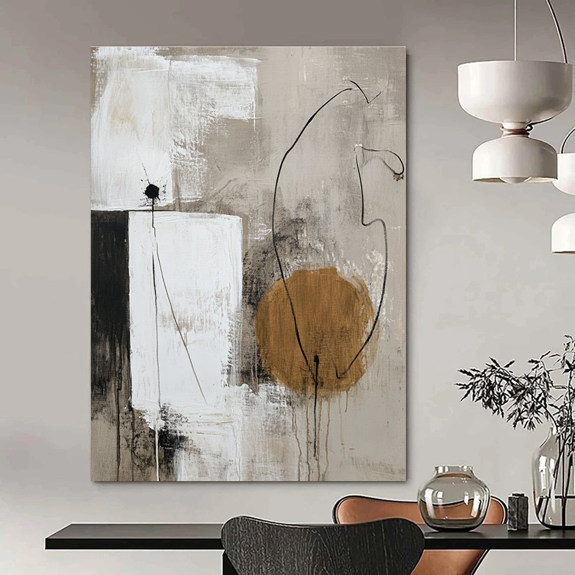 Large abstract painting in neutral tones featuring white shapes and a single accent color for a minimalistic touch.STSC777