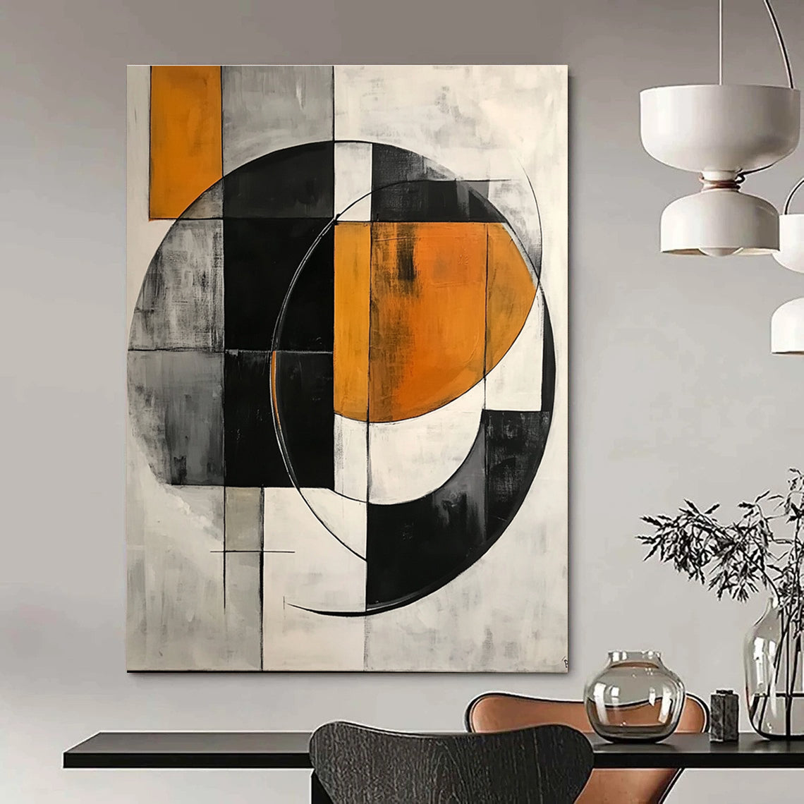 Large abstract painting featuring simple geometric shapes, circles, and half-circles in shades of gray, orange, black, and white.STSC221