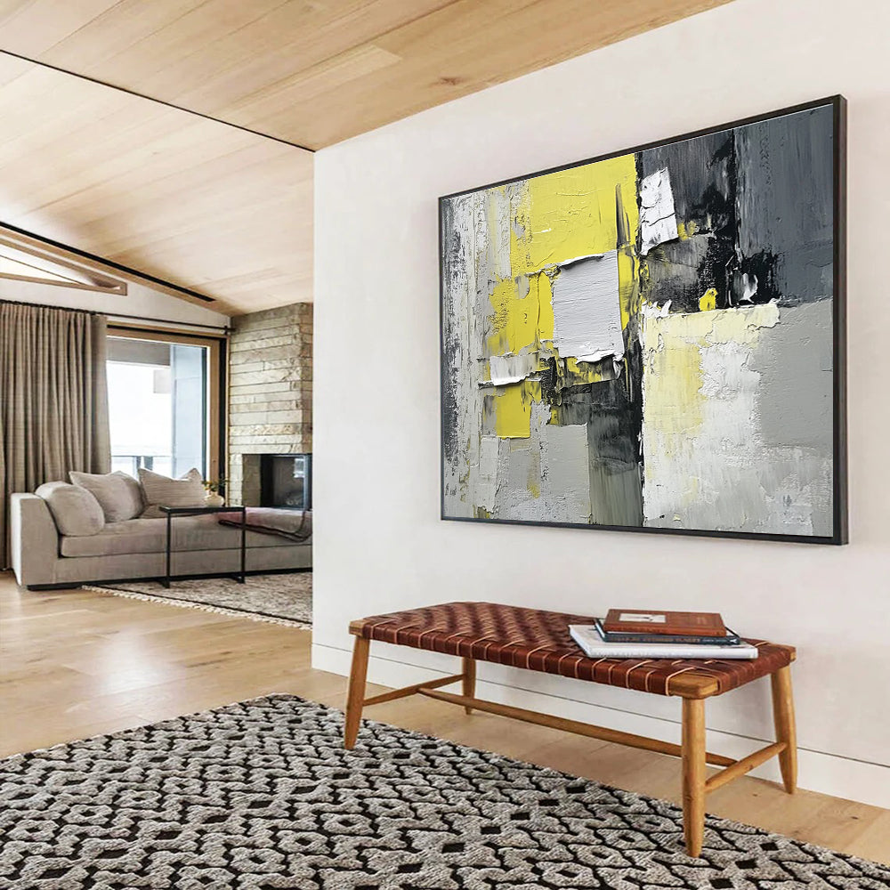 Yellow Gray and White Abstract Painting with Textured Patches DYP399