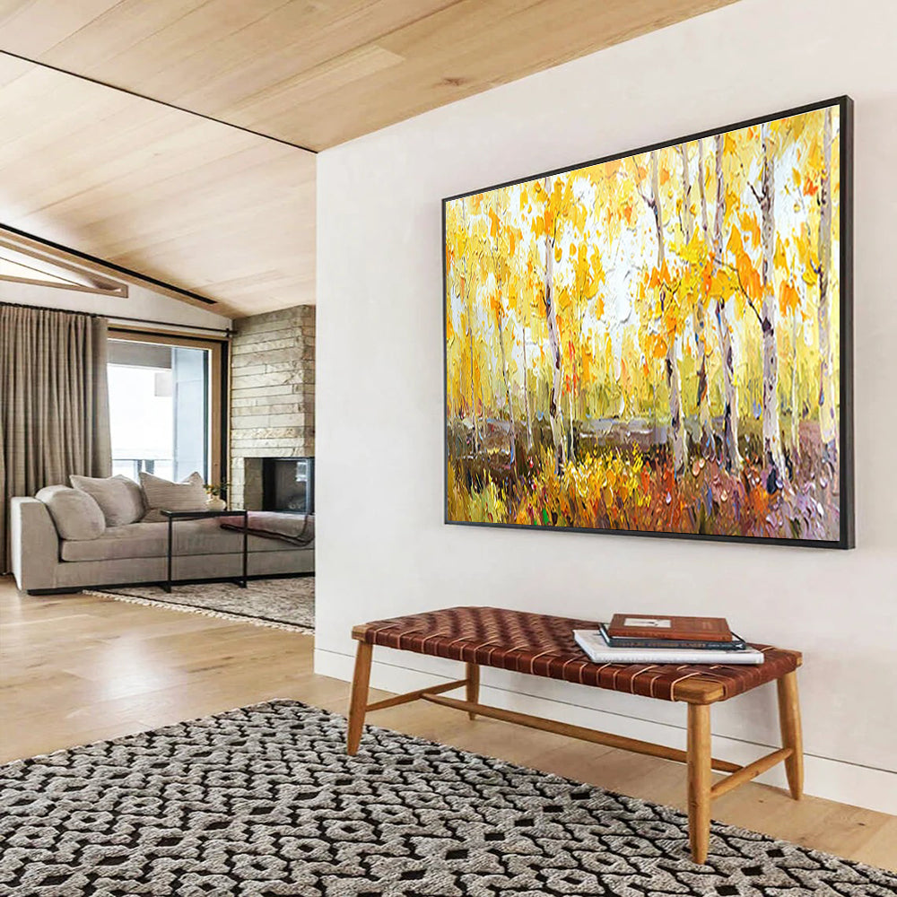 Autumn Birch Forest Abstract Painting with Yellow, Green, and Brown Tones THY212