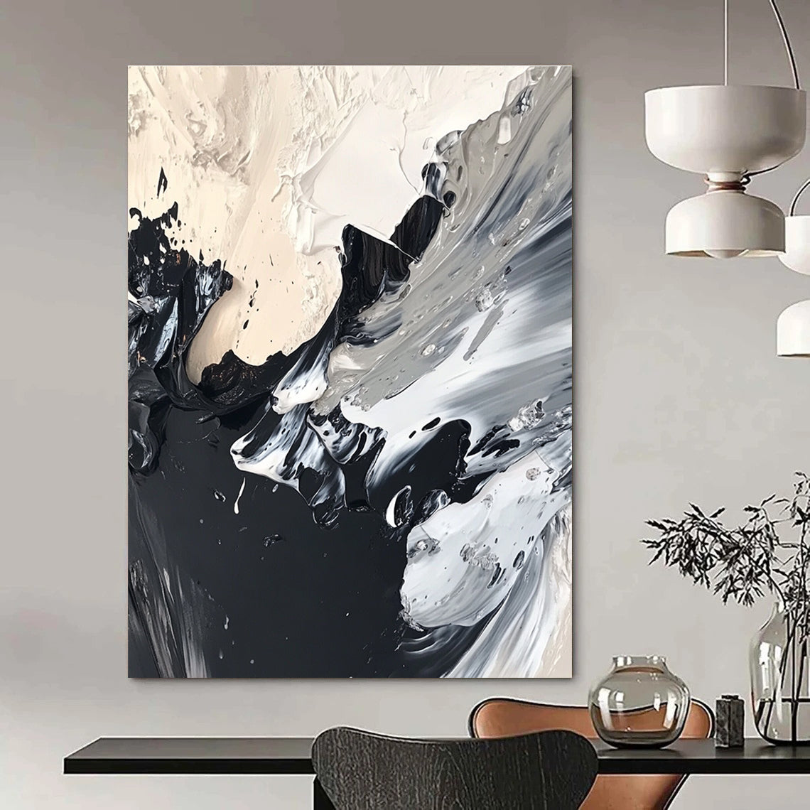 Abstract painting featuring black and white acrylics with organic textures and swirling patterns created using the wet-on-wet technique.STSC1277