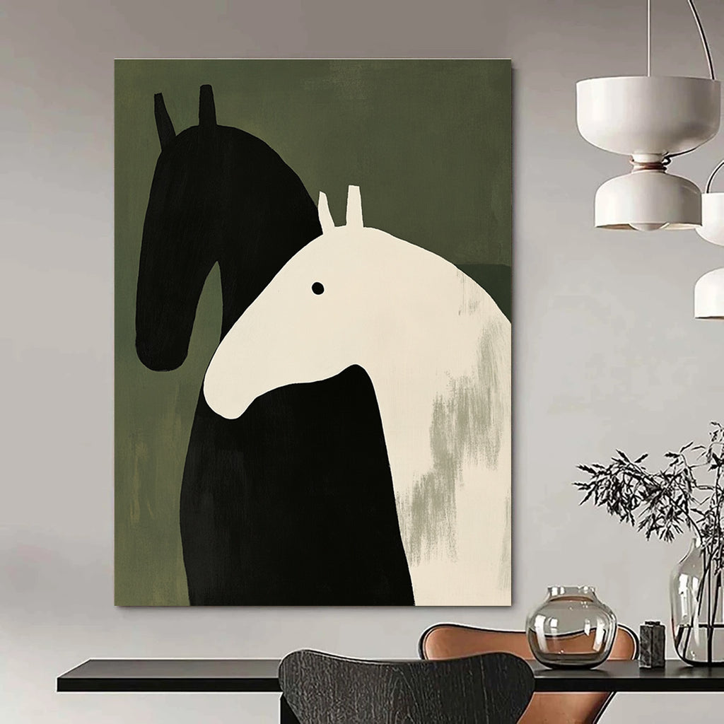 Large abstract painting featuring two horses in black and white with thick brushstrokes on a green background inspired by Henri Matisse's minimalism.STSC1077