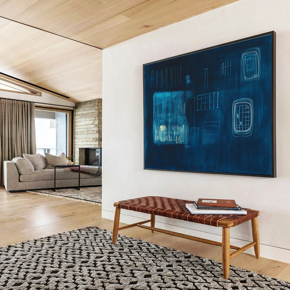 Dark Blue Abstract Composition Painting with Light Blue Lines DYP506