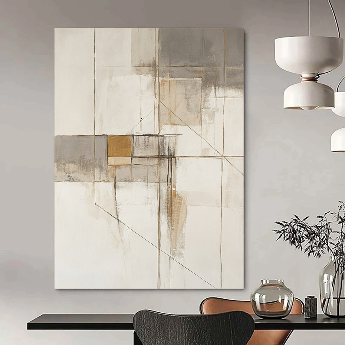 Large abstract painting in neutral tones with gold accents showcasing architectural themes through geometric shapes and lines.STSC620