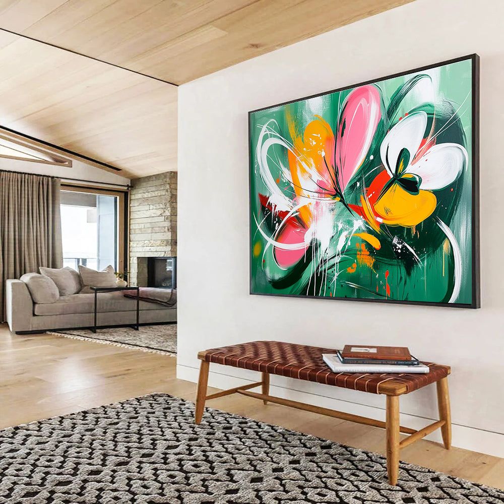 Large abstract painting of wildflowers with dynamic splashes and shapes in green pink yellow and orange accented by white lines and butterflies.SC207