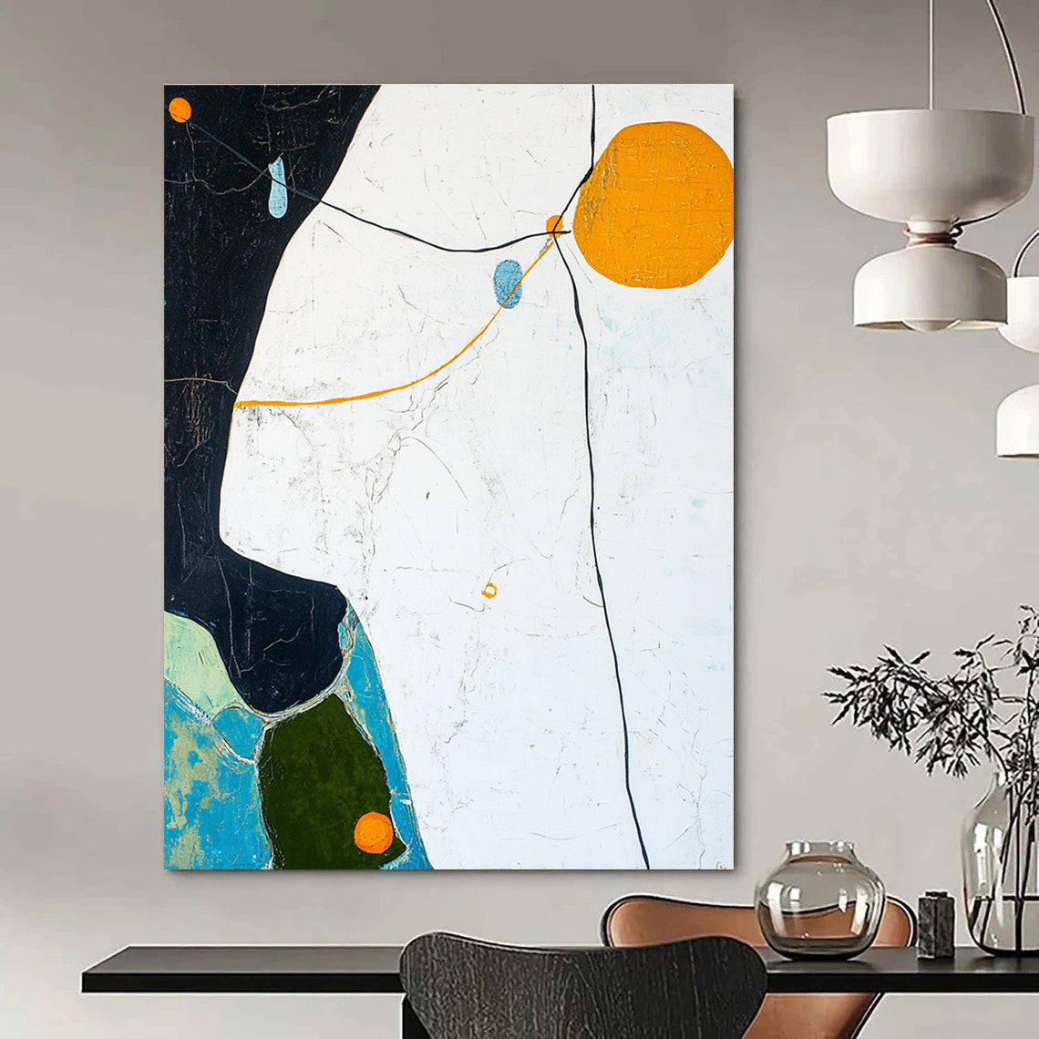 Large abstract painting featuring a white sky, light blue and dark green lines, yellow outline, orange circle, and black edge shapes with detailed rocks and trees.STSC296