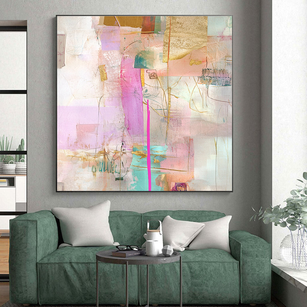 Vibrant Mixed Media Abstract Collage with Pink and Gold GER207