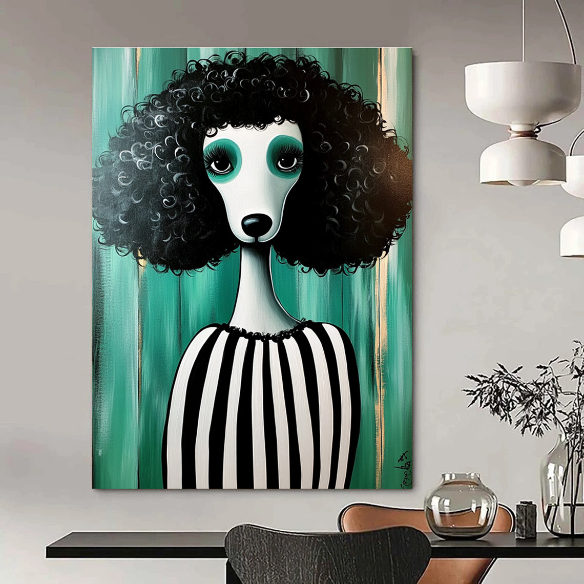 A large abstract painting featuring a full-bodied poodle with black fur and white stripes in an all-green striped dress amidst a whimsical backdrop.STSC1000