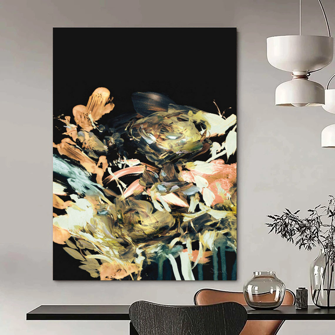 Colorful Floral Abstract on Black Background Painting ADGE171