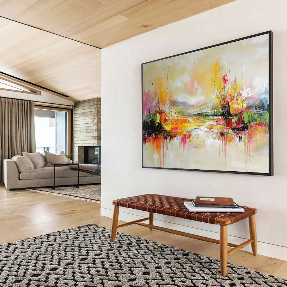 Large abstract painting featuring colorful landscape soft tones and intricate layers creating a dreamy tranquil ambiance that reflects nature.SC138