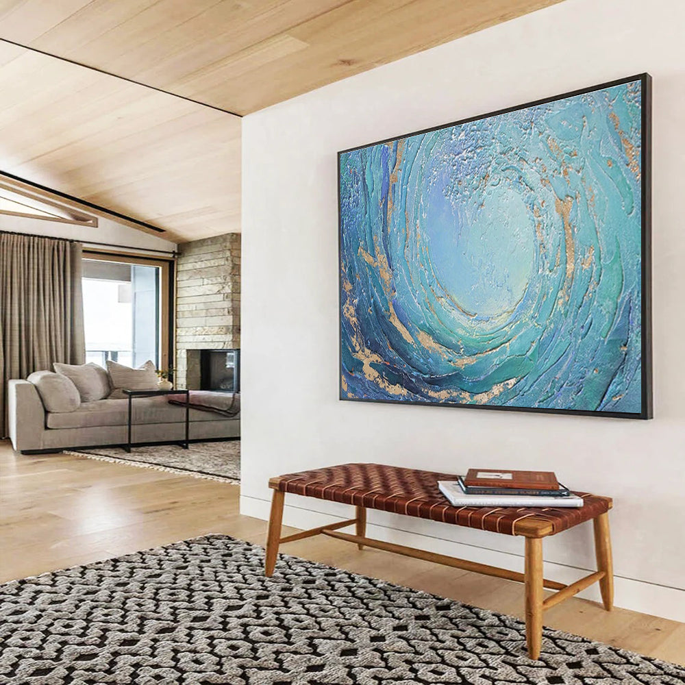 Circular Ocean Wave Abstract Painting with Blue and Golden Accents THY256