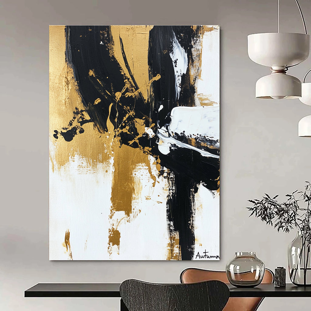 Large abstract painting of Autumn in black white and gold featuring loose brushstrokes and textured layers for elegant depth and simplicity.STSC1066