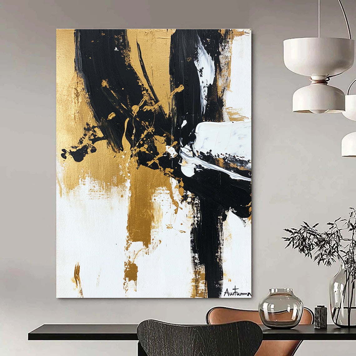 Large abstract painting of Autumn in black white and gold featuring loose brushstrokes and textured layers for elegant depth and simplicity.STSC1066