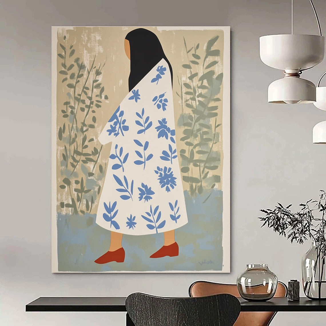 Abstract artwork featuring a woman in a floral robe with red shoes and long black hair against a beige and green background.STSC1260