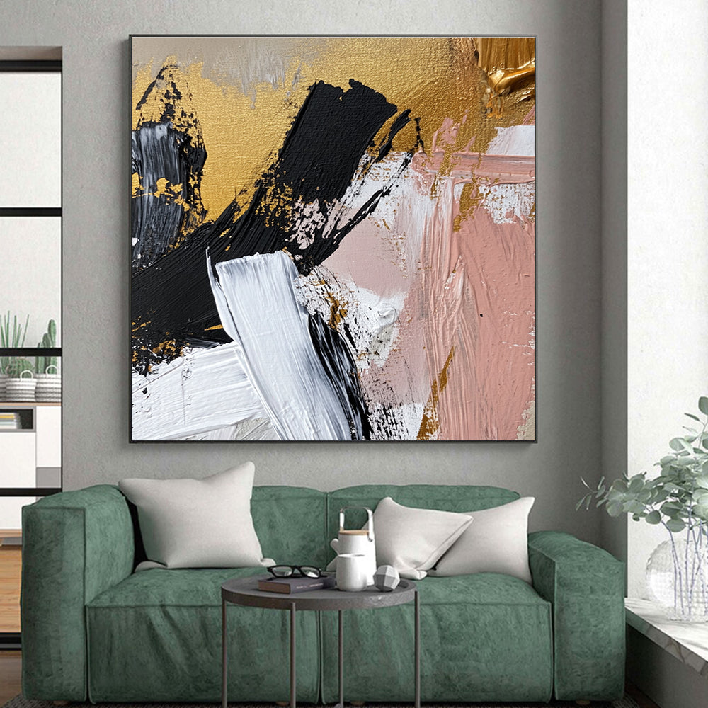Gold Black Pink and White Abstract Painting with Bold Strokes GER056