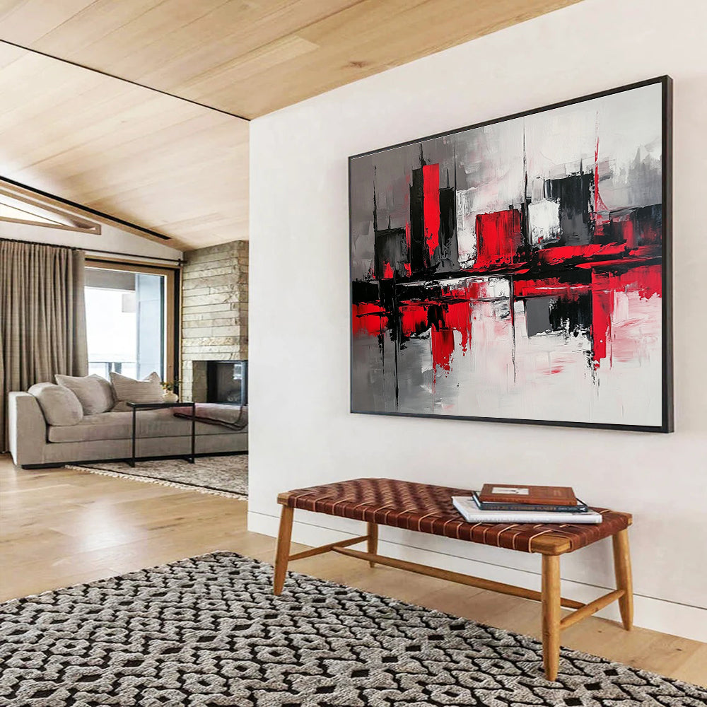 Abstract painting with gray and red color blocks depicting a minimalist urban street scene with reflective water surfaces and a mysterious atmosphere.SC239