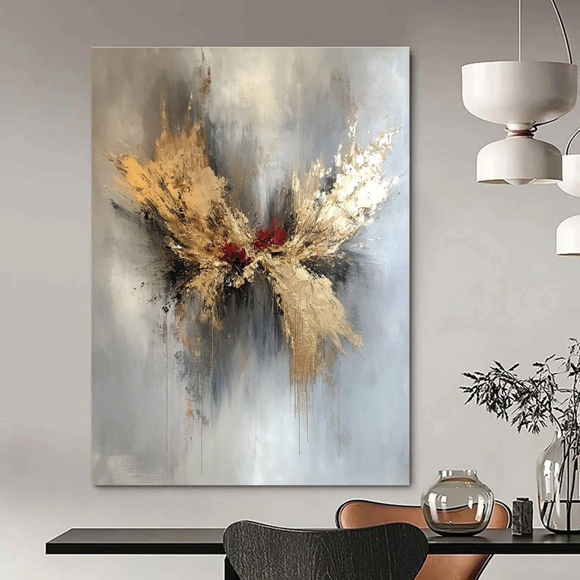 Large abstract painting in gold and silver with red and black splashes featuring elegant floral design and organic forms on a white background.STSC729