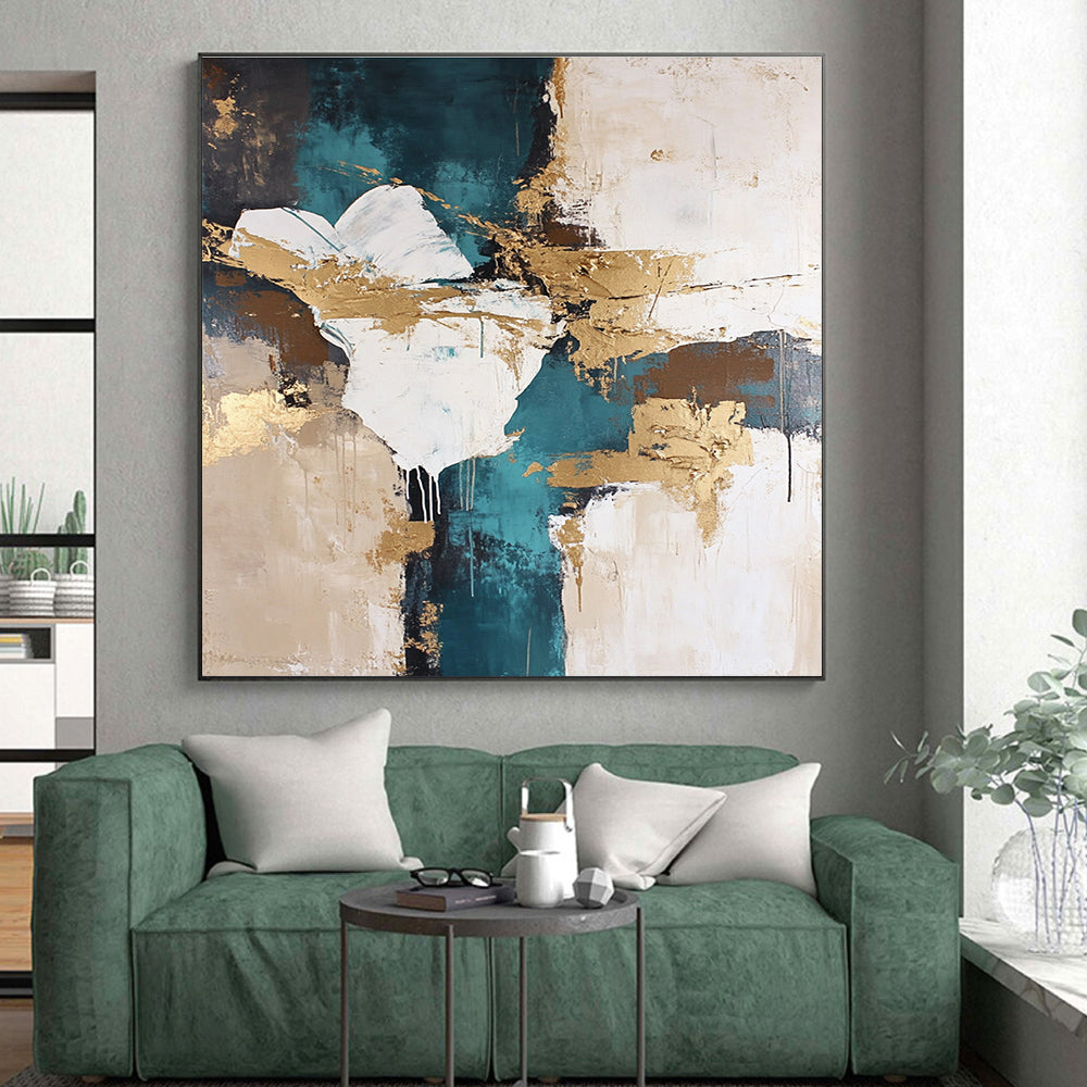 Teal and Gold Abstract Painting with Fluid Shapes GER447
