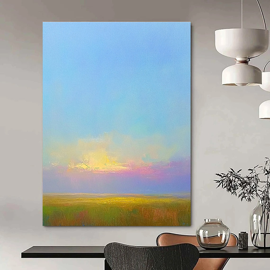 Large abstract painting featuring green fields under a soft blue sky with pink clouds highlighting Impressionist brushstrokes and serene natural beauty.STSC888