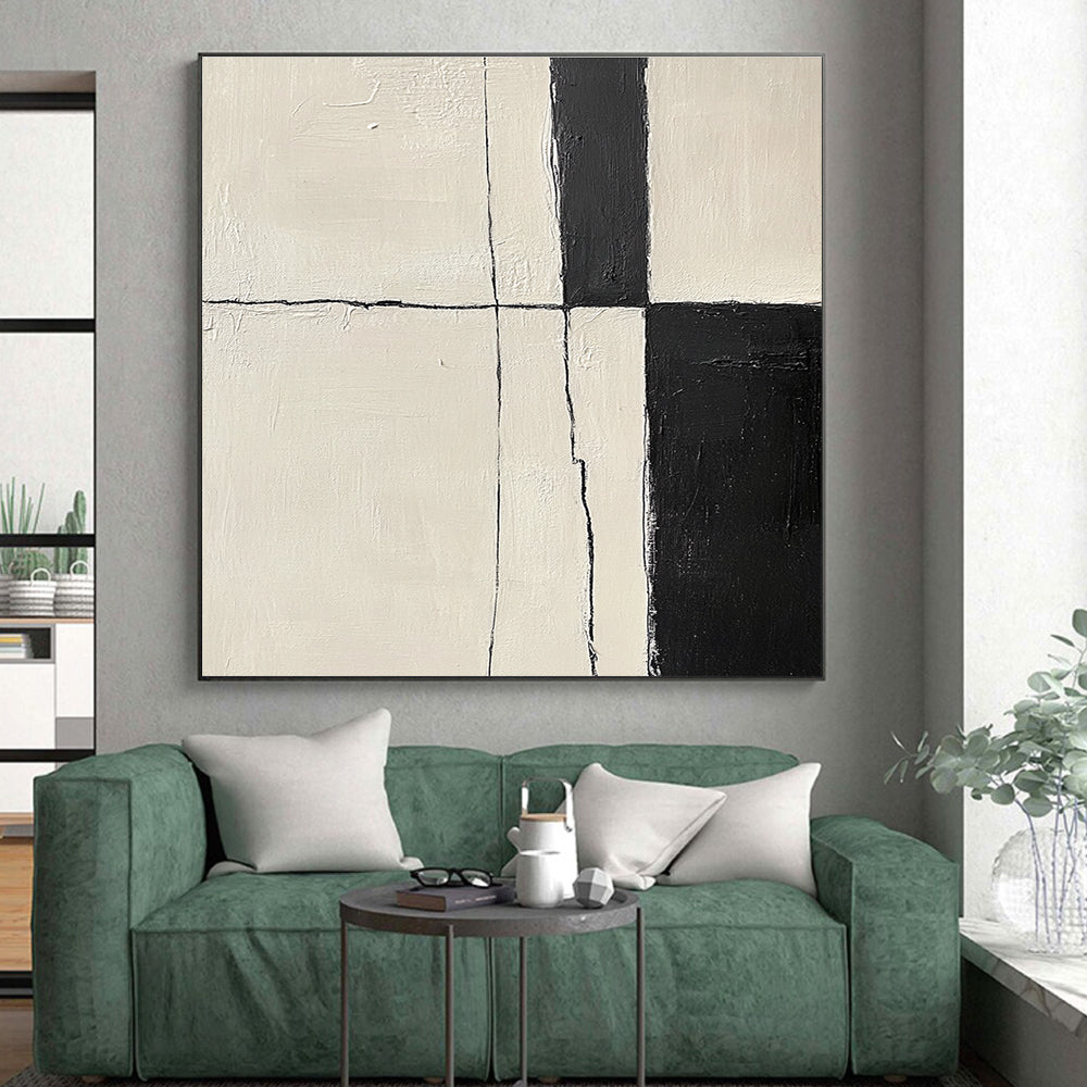 Black and White Geometric Abstract Painting with Cracked Edges GER178