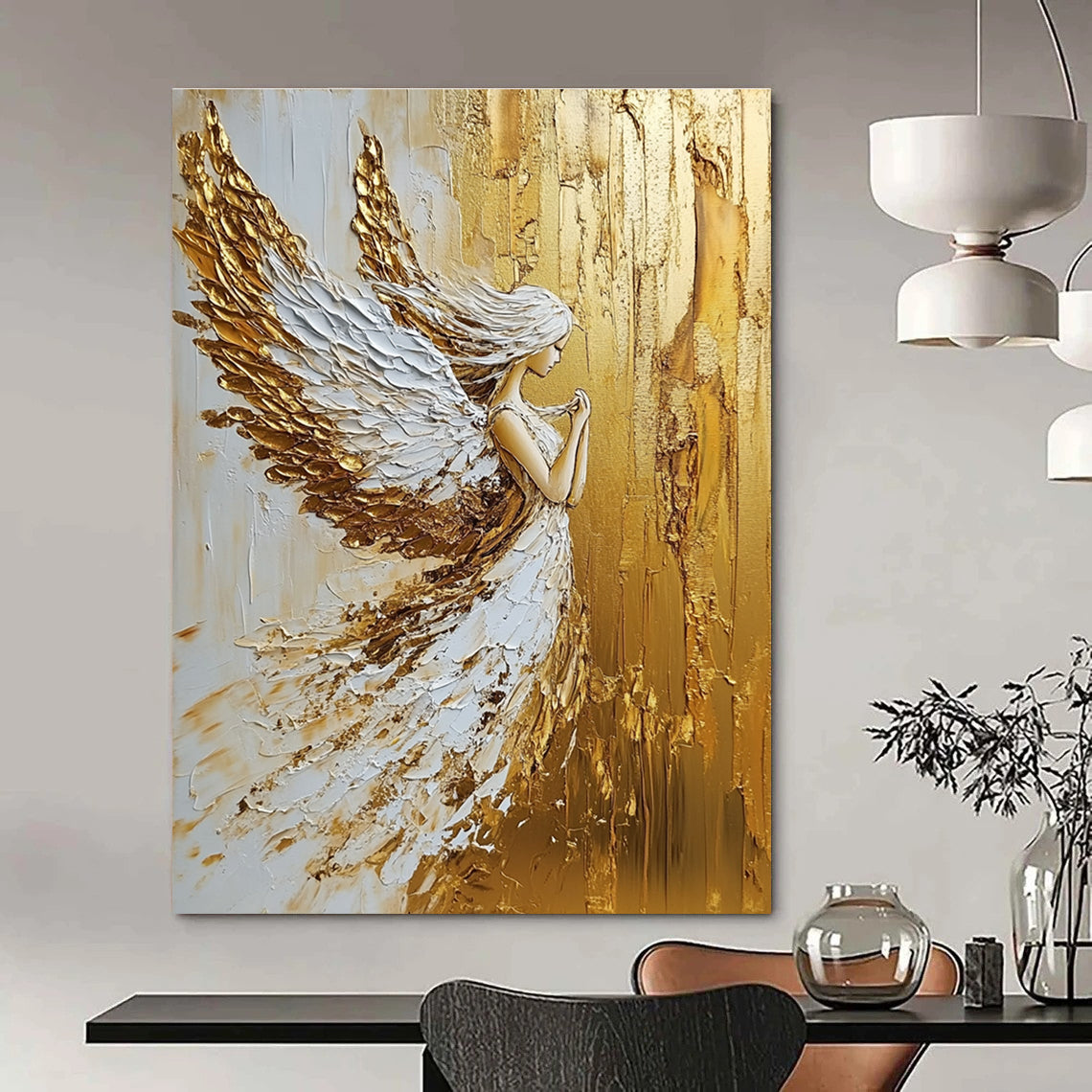 Large abstract painting in gold and white colors created with palette knife oil paint for a striking modern decor piece.STSC007