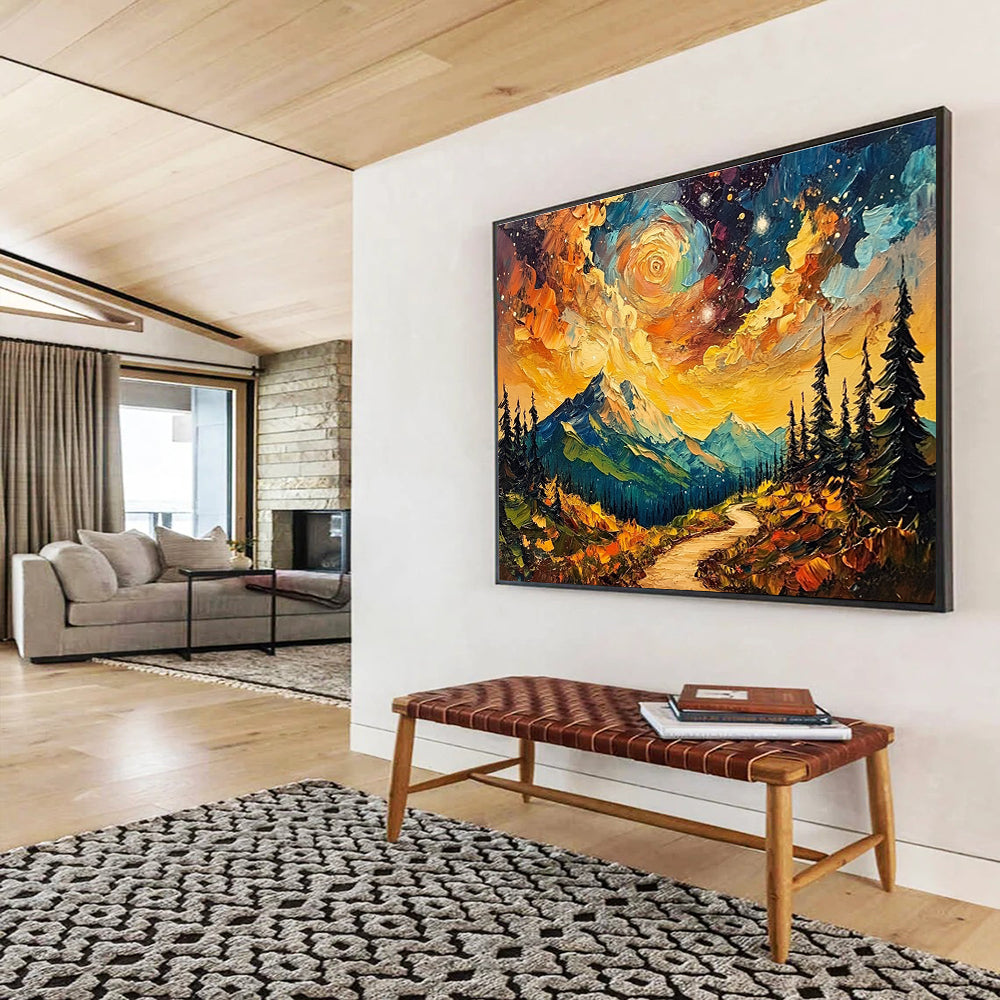 Vibrant Mountain Path Abstract Painting with Starry Sky DYP155
