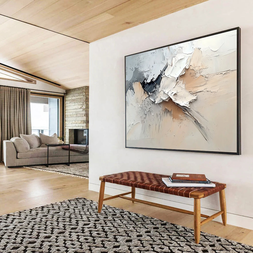 Large abstract painting featuring dynamic white, gray, and beige swirls in a neutral color palette reminiscent of Zao Wou-Ki.SC135