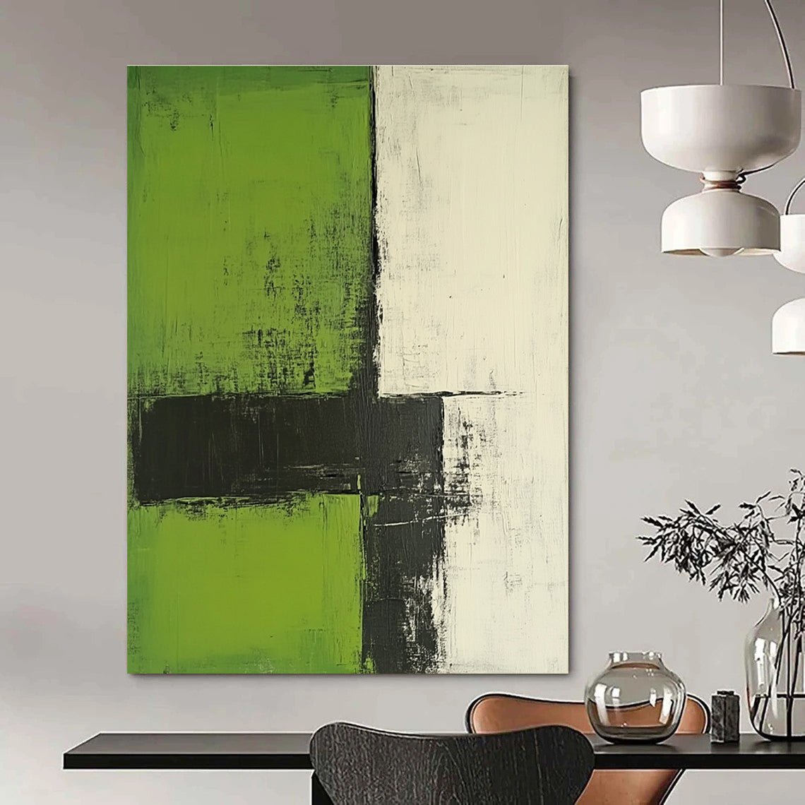 Large abstract painting with green and white colors featuring minimalist brushstrokes black lines and strong texture in a simple composition.STSC422