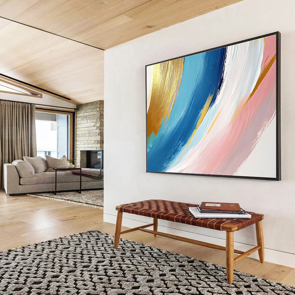 Gold Blue Pink - Flowing Brushstrokes Abstract Painting DYP035