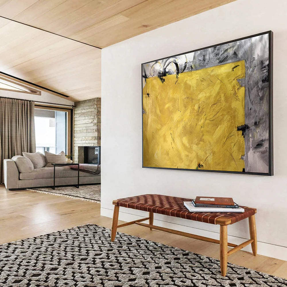 Bold Yellow Abstract Painting with Grey Accents THY153