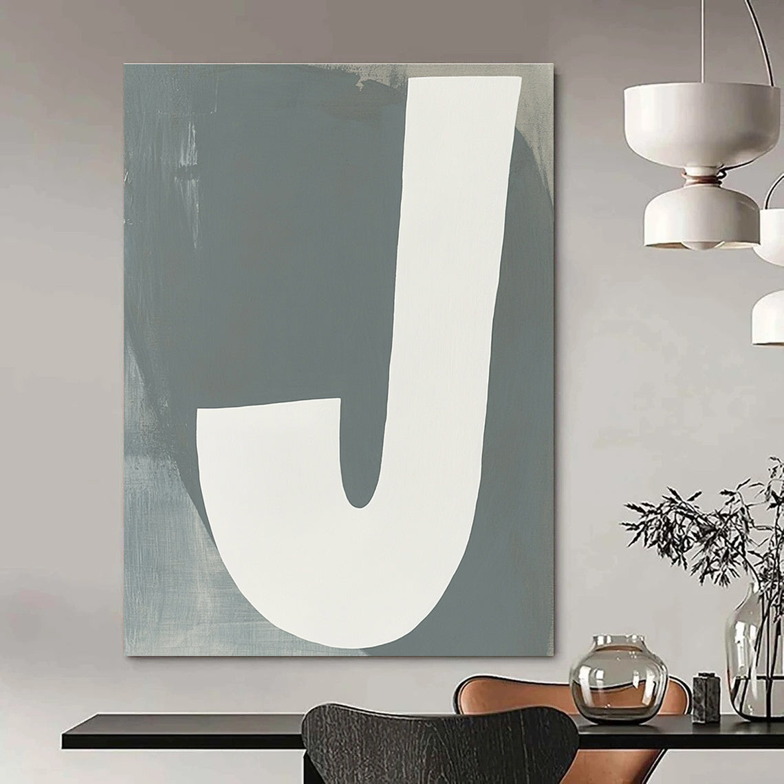 Large abstract painting featuring white and gray tones resembling a J with a neutral background promoting calmness and modern elegance.STSC1113