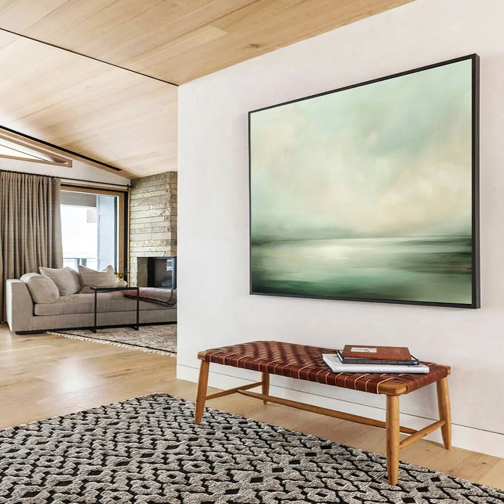 Large abstract painting capturing soft greens and whites of sea and sky, creating an ethereal atmosphere of tranquility and serenity.SC070