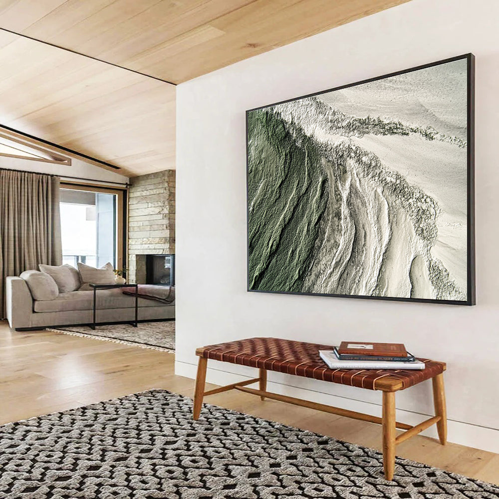 Large abstract painting showcasing hyper-realistic textures of sand, sea, and moss-green and grey hues for a captivating artistic experience.SC577