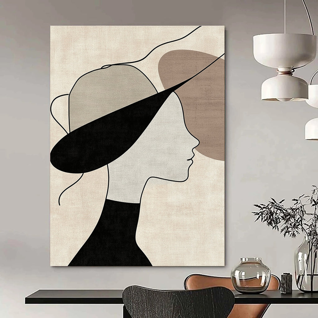 Abstract art featuring a woman in profile adorned with a hat on a beige background with visible brush strokes and neutral colors and black lines.STSC1335